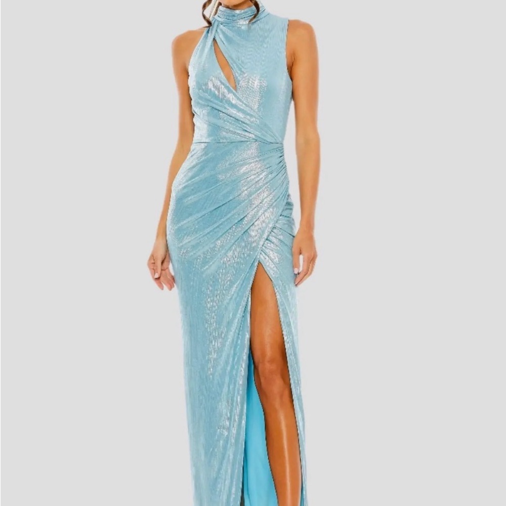 Mac Duggal Blue High Neck Sleeveless Gown; OG Price: $398; SELLING FOR: $200